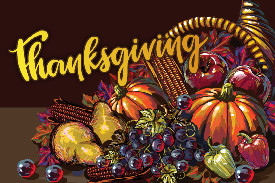 Assorted fruits and vegetables spilling out of a cornucopia with Thanksgiving text.