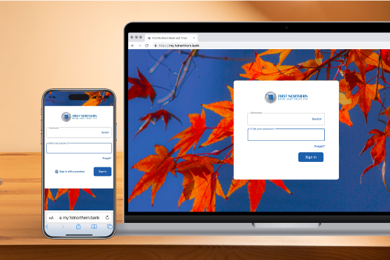 Mobile phone and laptop showing login screen for online banking