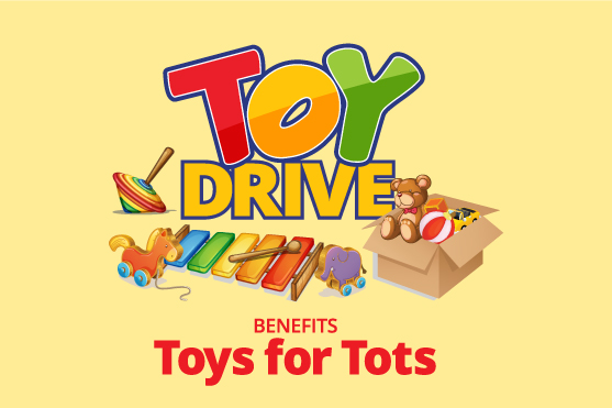 Decorative toy drive text surrounded by assorted toys and instruments.